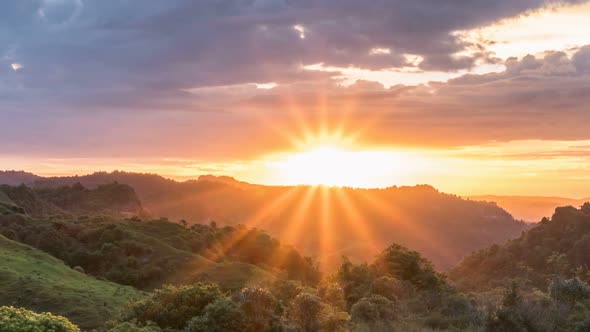 Beautiful Sunrise over Wild Forest Mountains in Summer Morning in New Zealand Nature