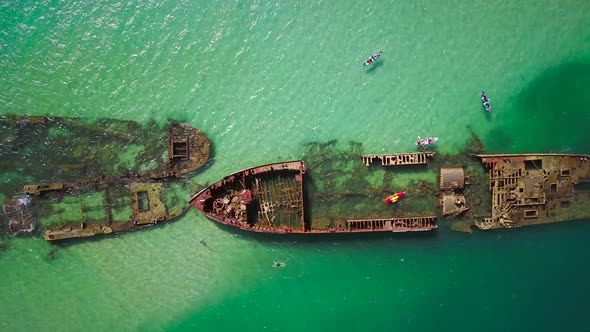 Aerial view of Moreton island shipwrecks in Australia.