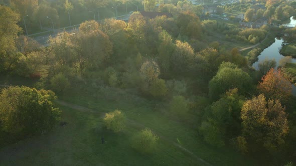 Park area. A winding river. Trees with yellow autumn leaves are visible. Aerial photography.