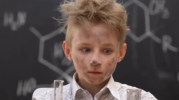 Frightened Dirty Schoolboy at Chemistry Lesson, Faulty Experiment Results