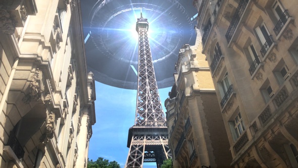 Large Flying saucer ufo over Paris and Eiffel Tower