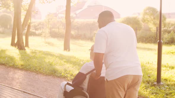 African-American caregiver and old disabled man in a wheelchair. Nurse and patient.