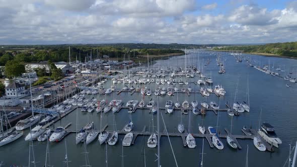 Aerial View of Yachts Moored in an Estuary at Sunset