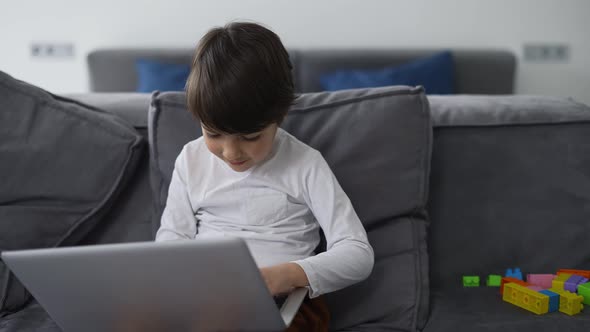 Little Cute Boy Use Laptop Computer Sitting on Sofa Alone