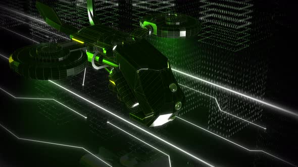 A drone is Flying Through the Space filled with digital string in Computer World alt