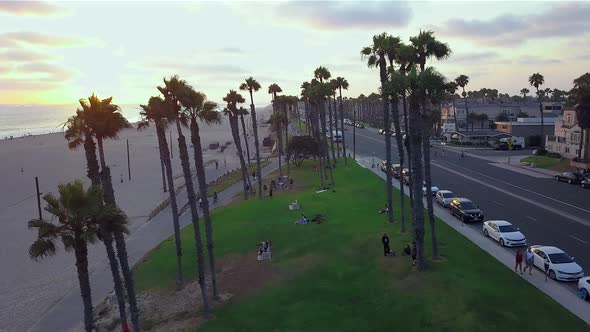 Drone footage flying through Palm trees, over a small park, on the beach at sunset. Footage was capt