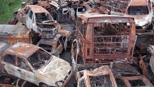 War in Ukraine a Dump of Shot and Burned Cars in Irpin Bucha District