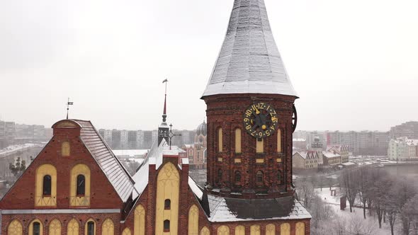 Aerial view of the Cathedral in Kaliningrad in the wintertime