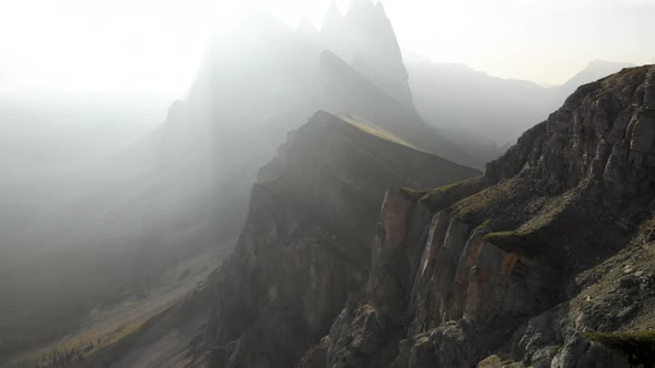 Aerial of Seceda Mountain in Puez-Geisler Nature Park, Dolomites Italy