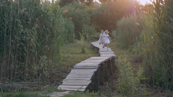 Children Recreation, Cute Kids Friends Boy and Girl Play Catch-up and Run on Wooden Bridge Among