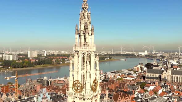 Close up of the North tower of the Cathedral of Our Lady , Antwerp, Belgium. Aerial view