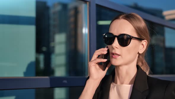 Closeup Confident Business Lady Going at Downtown Talking Use Smartphone