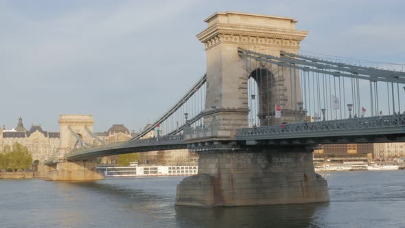 Chain Szechenyi  Bridge  of Budapest  on river Danube by the day 4K 2160p UltraHD footage - Famous C