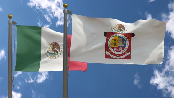 Mexico Flag Vs Oaxaca Flag On Flagpole