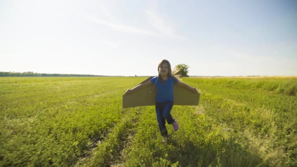 Little Girl Child Running On The Field With Wings Behind Back