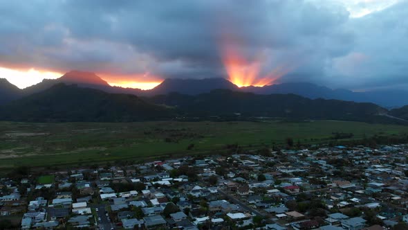 Aerial of Sunset Behind Mountains Around Kailua in Hawaii