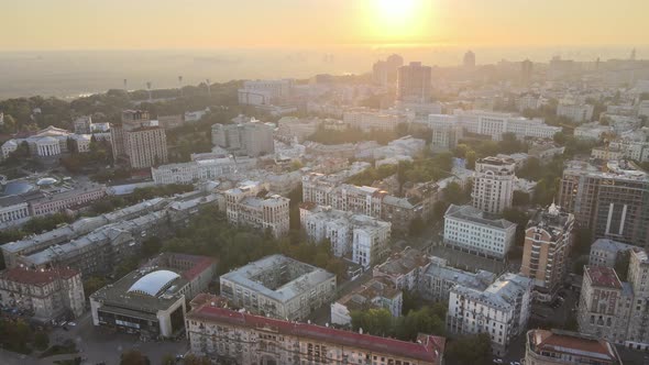 Ukraine, Kyiv : City Center in the Morning at Sunrise. Aerial View. Kiev