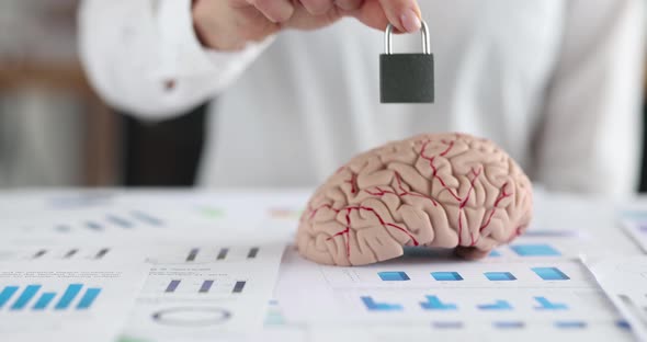 Person Puts Padlock on Brain on Financial Chart