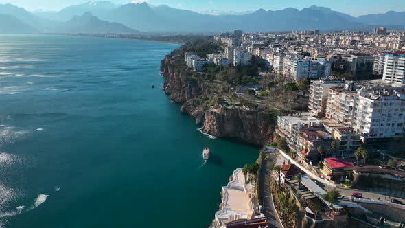 Yacht Sails Out of Port Aerial View Turkey Antalya 4 K