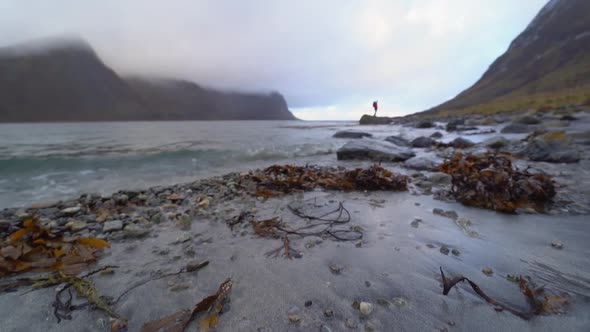 Lone Hiker Standing On Rock By Fjord