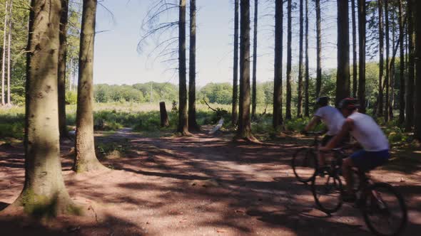 Mountain Bikers Riding Out Of Forest Into Field