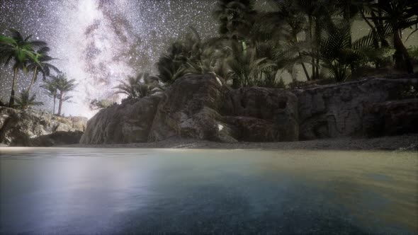 Beautiful Fantasy Tropical Beach with Milky Way Star in Night Skies