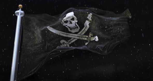 Pirate Flag Waving with Rain and Snow in the Night