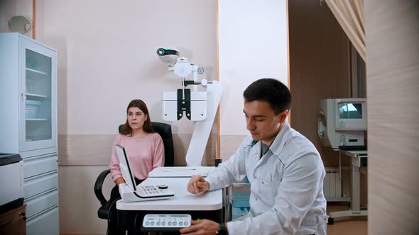 Woman Visiting   Doctor in Eye Clinic