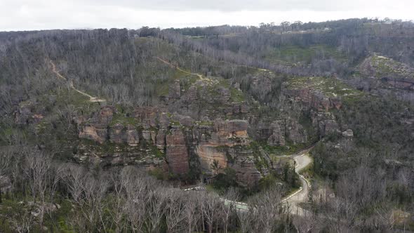 Drone aerial footage of a cliff and large forest recovering from severe bushfire in Australia