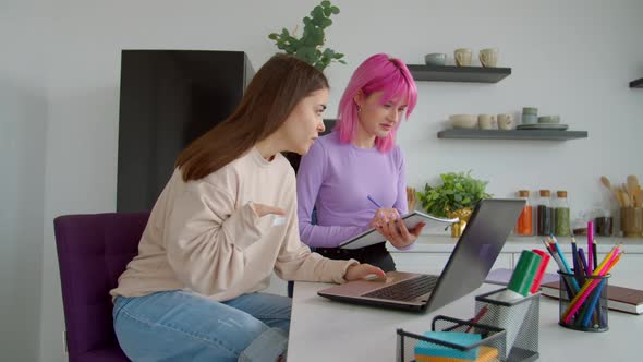 Positive Female College Students with Laptop Studying Together in Dorm Room