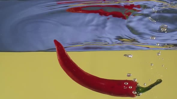 Chili Pepper Splashing Into Water in Slowmotion