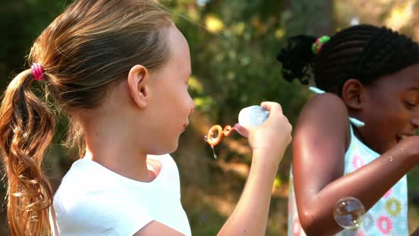 Girls blowing bubbles with wand in park