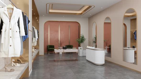 Interior Of Luxury Clothing Store With Clothes, Shoes And Other Personal Accessories