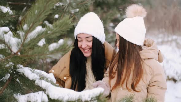 Parents with Daughter Walking in Forest in Winter