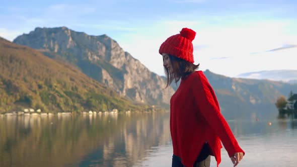 Woman Hiker Enjoying Landscape Mountain Lake