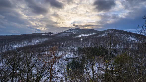 Snowy mountain hills in the Czech Republic. Time lapse