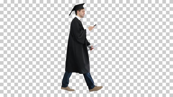 Male graduate student walking with his, Alpha Channel
