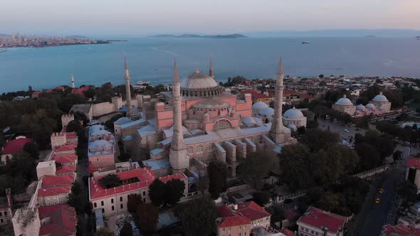 Hagia Sophia Holy Grand Mosque (Ayasofya Camii) with Bosphorus and city skyline on the background