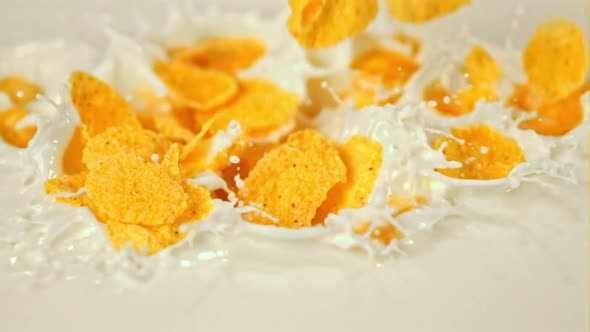 Super Slow Motion Cornflakes Fall Into the Milk with Splashes