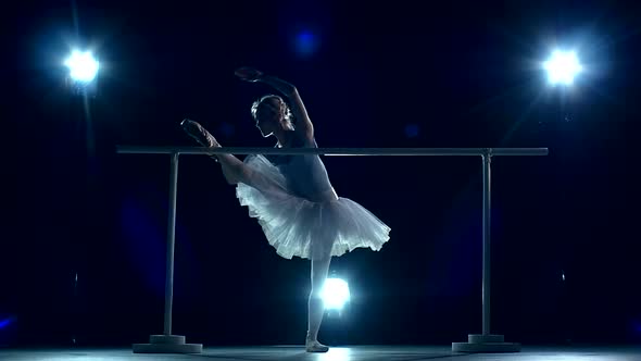 Ballerina Is Wearing in White Dress and Pointe Shoes. Slow Motion