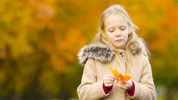 Portrait of Adorable Little Girl Outdoors at Beautiful Warm Day with Yellow Leaf in Fall