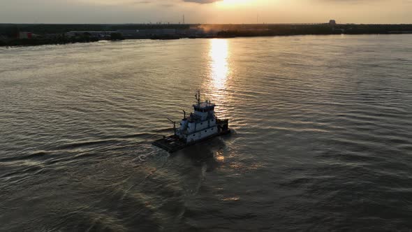 Aerial view of a push boat on the Mississippi River at sunset