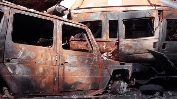 War in Ukraine a Dump of Shot and Burned Cars in Irpin Bucha District