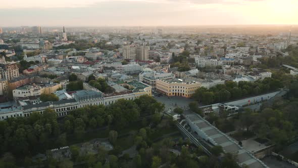 Aerial View of Historical Center of Odessa Ukraine From Drone at Sunset