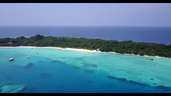 Aerial drone view scenery of relaxing shore beach vacation by transparent lagoon and white sandy bac