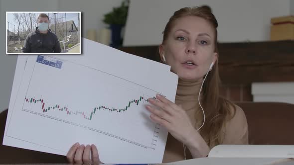 Serious Caucasian Blond Woman Showing Graphs As Man in Face Mask Agreeing with CEO in Online Chat