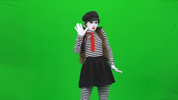 Mime Girl Putting Hands on Invisible Glass, Dancing. Chroma Key.