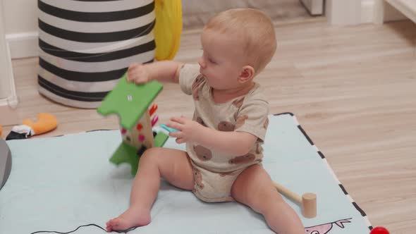 Cute Small Child Playing with Wooden Toy Hammering Block Toy 10 Month Old Caucasian Baby Boy Playing