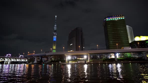 Tokyo skyline on the Sumida River at night, Japan