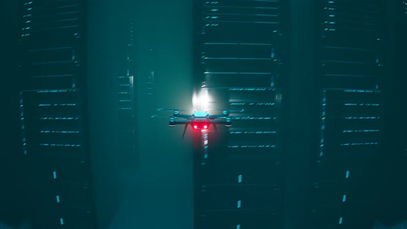 Loopable animation with working drone scanning servers in a dark hall Render 4K